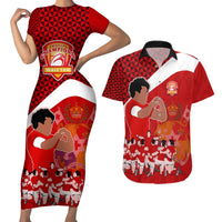 Personalised Tonga Rugby Couples Matching Short Sleeve Bodycon Dress and Hawaiian Shirt Sipi Tau Dance Coat of Arms Ngatu Pattern LT03 Red - Polynesian Pride