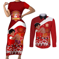 Personalised Tonga Rugby Couples Matching Short Sleeve Bodycon Dress and Long Sleeve Button Shirts Sipi Tau Dance Coat of Arms Ngatu Pattern LT03 Red - Polynesian Pride