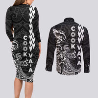 Cook Islands Va'a Polynesian Art Tattoo Couples Matching Long Sleeve Bodycon Dress and Long Sleeve Button Shirt Black Color LT03 - Polynesian Pride
