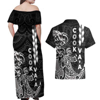Cook Islands Va'a Polynesian Art Tattoo Couples Matching Off Shoulder Maxi Dress and Hawaiian Shirt Black Color LT03 - Polynesian Pride