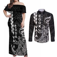 Cook Islands Va'a Polynesian Art Tattoo Couples Matching Off Shoulder Maxi Dress and Long Sleeve Button Shirt Black Color LT03 Black - Polynesian Pride