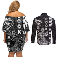 Cook Islands Va'a Polynesian Art Tattoo Couples Matching Off Shoulder Short Dress and Long Sleeve Button Shirt Black Color LT03 - Polynesian Pride