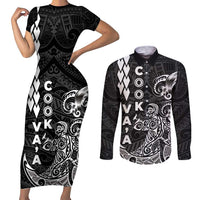 Cook Islands Va'a Polynesian Art Tattoo Couples Matching Short Sleeve Bodycon Dress and Long Sleeve Button Shirt Black Color LT03 Black - Polynesian Pride