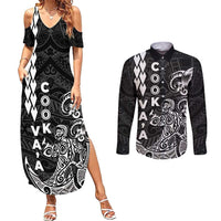 Cook Islands Va'a Polynesian Art Tattoo Couples Matching Summer Maxi Dress and Long Sleeve Button Shirt Black Color LT03 Black - Polynesian Pride
