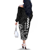Cook Islands Va'a Polynesian Art Tattoo Family Matching Off The Shoulder Long Sleeve Dress and Hawaiian Shirt Black Color LT03 - Polynesian Pride
