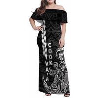 Cook Islands Va'a Polynesian Art Tattoo Family Matching Off Shoulder Maxi Dress and Hawaiian Shirt Black Color LT03 Mom's Dress Black - Polynesian Pride