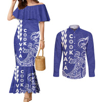 Cook Islands Va'a Polynesian Art Tattoo Couples Matching Mermaid Dress and Long Sleeve Button Shirt Blue Color LT03 Blue - Polynesian Pride