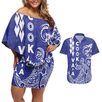 Cook Islands Va'a Polynesian Art Tattoo Couples Matching Off Shoulder Short Dress and Hawaiian Shirt Blue Color LT03 Blue - Polynesian Pride