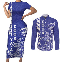 Cook Islands Va'a Polynesian Art Tattoo Couples Matching Short Sleeve Bodycon Dress and Long Sleeve Button Shirt Blue Color LT03 Blue - Polynesian Pride