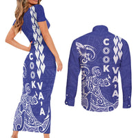 Cook Islands Va'a Polynesian Art Tattoo Couples Matching Short Sleeve Bodycon Dress and Long Sleeve Button Shirt Blue Color LT03 - Polynesian Pride