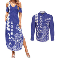 Cook Islands Va'a Polynesian Art Tattoo Couples Matching Summer Maxi Dress and Long Sleeve Button Shirt Blue Color LT03 Blue - Polynesian Pride
