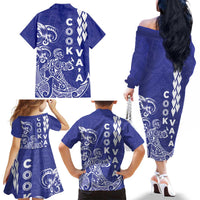 Cook Islands Va'a Polynesian Art Tattoo Family Matching Off The Shoulder Long Sleeve Dress and Hawaiian Shirt Blue Color LT03 - Polynesian Pride