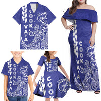 Cook Islands Va'a Polynesian Art Tattoo Family Matching Off Shoulder Maxi Dress and Hawaiian Shirt Blue Color LT03 - Polynesian Pride
