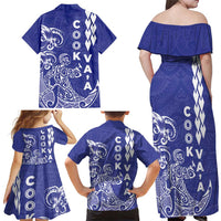 Cook Islands Va'a Polynesian Art Tattoo Family Matching Off Shoulder Maxi Dress and Hawaiian Shirt Blue Color LT03 - Polynesian Pride