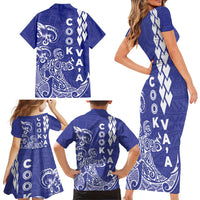 Cook Islands Va'a Polynesian Art Tattoo Family Matching Short Sleeve Bodycon Dress and Hawaiian Shirt Blue Color LT03 - Polynesian Pride