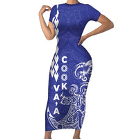 Cook Islands Va'a Polynesian Art Tattoo Family Matching Short Sleeve Bodycon Dress and Hawaiian Shirt Blue Color LT03 Mom's Dress Blue - Polynesian Pride