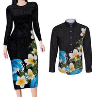 Hawaiian Plumeria and Turtle Couples Matching Long Sleeve Bodycon Dress and Long Sleeve Button Shirt with Polynesian Tribal Art Pattern Vintage Vibes
