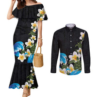 Hawaiian Plumeria and Turtle Couples Matching Mermaid Dress and Long Sleeve Button Shirt with Polynesian Tribal Art Pattern Vintage Vibes