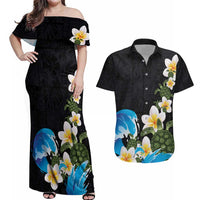 Hawaiian Plumeria and Turtle Couples Matching Off Shoulder Maxi Dress and Hawaiian Shirt with Polynesian Tribal Art Pattern Vintage Vibes LT03 Black - Polynesian Pride