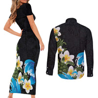 Hawaiian Plumeria and Turtle Couples Matching Short Sleeve Bodycon Dress and Long Sleeve Button Shirt with Polynesian Tribal Art Pattern Vintage Vibes