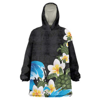 Hawaiian Plumeria and Turtle Wearable Blanket Hoodie with Polynesian Tribal Art Pattern Vintage Vibes LT03 One Size Black - Polynesian Pride