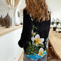 Hawaiian Plumeria and Turtle Women Casual Shirt with Polynesian Tribal Art Pattern Vintage Vibes LT03 - Polynesian Pride