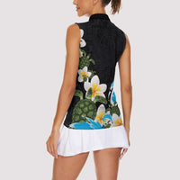 Hawaiian Plumeria and Turtle Women Sleeveless Polo Shirt with Polynesian Tribal Art Pattern Vintage Vibes LT03 - Polynesian Pride
