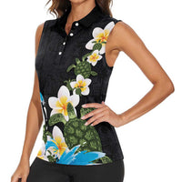 Hawaiian Plumeria and Turtle Women Sleeveless Polo Shirt with Polynesian Tribal Art Pattern Vintage Vibes LT03 - Polynesian Pride