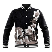 Hawaiian Plumeria and Turtle Baseball Jacket with Polynesian Tribal Art Pattern Grayscale Color