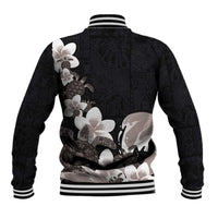 Hawaiian Plumeria and Turtle Baseball Jacket with Polynesian Tribal Art Pattern Grayscale Color