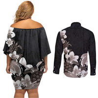 Hawaiian Plumeria and Turtle Couples Matching Off Shoulder Short Dress and Long Sleeve Button Shirt with Polynesian Tribal Art Pattern Grayscale Color