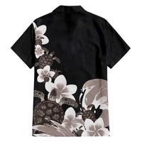 Hawaiian Plumeria and Turtle Family Matching Off The Shoulder Long Sleeve Dress and Hawaiian Shirt with Polynesian Tribal Art Pattern Grayscale Color LT03 - Polynesian Pride