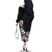 Hawaiian Plumeria and Turtle Family Matching Off The Shoulder Long Sleeve Dress and Hawaiian Shirt with Polynesian Tribal Art Pattern Grayscale Color LT03 - Polynesian Pride