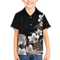 Hawaiian Plumeria and Turtle Family Matching Off The Shoulder Long Sleeve Dress and Hawaiian Shirt with Polynesian Tribal Art Pattern Grayscale Color LT03 Son's Shirt Black - Polynesian Pride