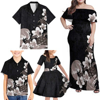 Hawaiian Plumeria and Turtle Family Matching Off Shoulder Maxi Dress and Hawaiian Shirt with Polynesian Tribal Art Pattern Grayscale Color LT03 - Polynesian Pride