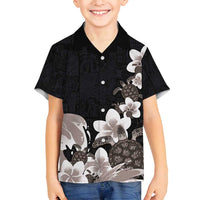 Hawaiian Plumeria and Turtle Family Matching Puletasi and Hawaiian Shirt with Polynesian Tribal Art Pattern Grayscale Color LT03 Son's Shirt Black - Polynesian Pride