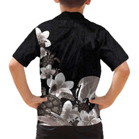 Hawaiian Plumeria and Turtle Family Matching Summer Maxi Dress and Hawaiian Shirt with Polynesian Tribal Art Pattern Grayscale Color