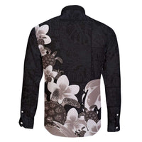 Hawaiian Plumeria and Turtle Family Matching Tank Maxi Dress and Hawaiian Shirt with Polynesian Tribal Art Pattern Grayscale Color