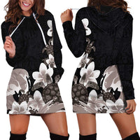 Hawaiian Plumeria and Turtle Hoodie Dress with Polynesian Tribal Art Pattern Grayscale Color LT03 - Polynesian Pride