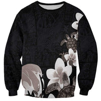 Hawaiian Plumeria and Turtle Sweatshirt with Polynesian Tribal Art Pattern Grayscale Color