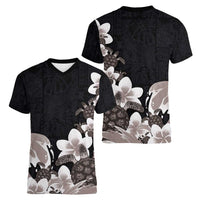 Hawaiian Plumeria and Turtle Women V-Neck T-Shirt with Polynesian Tribal Art Pattern Grayscale Color LT03 - Polynesian Pride