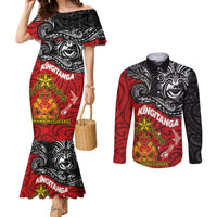 Maori King Movement Couples Matching Mermaid Dress and Long Sleeve Button Shirt Ko Te Mana Motuhake Emblem with Moko and Polynesian Art Tattoo LT03 Red - Polynesian Pride