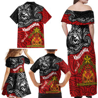 Maori King Movement Family Matching Off Shoulder Maxi Dress and Hawaiian Shirt Ko Te Mana Motuhake Emblem with Moko and Polynesian Art Tattoo LT03 - Polynesian Pride