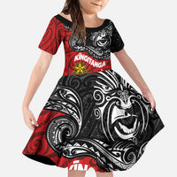Maori King Movement Family Matching Summer Maxi Dress and Hawaiian Shirt Ko Te Mana Motuhake Emblem with Moko and Polynesian Art Tattoo LT03 Daughter's Dress Red - Polynesian Pride