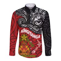Maori King Movement Long Sleeve Button Shirt Ko Te Mana Motuhake Emblem with Moko and Polynesian Art Tattoo LT03 Unisex Red - Polynesian Pride