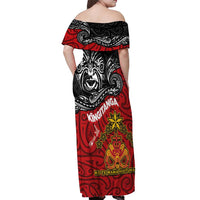 Maori King Movement Off Shoulder Maxi Dress Ko Te Mana Motuhake Emblem with Moko and Polynesian Art Tattoo LT03 - Polynesian Pride