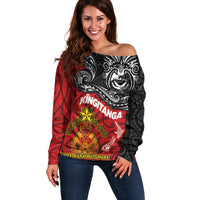Maori King Movement Off Shoulder Sweater Ko Te Mana Motuhake Emblem with Moko and Polynesian Art Tattoo LT03 Women Red - Polynesian Pride