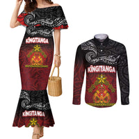 Personalised Maori King Movement Couples Matching Mermaid Dress and Long Sleeve Button Shirt Ko Te Mana Motuhake Emblem with Silver Ferns and Polynesian Art Tattoo LT03 Red - Polynesian Pride
