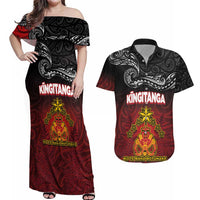 Personalised Maori King Movement Couples Matching Off Shoulder Maxi Dress and Hawaiian Shirt Ko Te Mana Motuhake Emblem with Silver Ferns and Polynesian Art Tattoo LT03 Red - Polynesian Pride