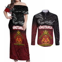 Personalised Maori King Movement Couples Matching Off Shoulder Maxi Dress and Long Sleeve Button Shirt Ko Te Mana Motuhake Emblem with Silver Ferns and Polynesian Art Tattoo LT03 Red - Polynesian Pride
